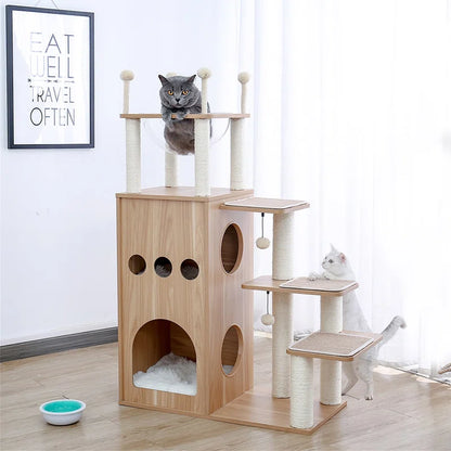 Tavion 51.2" Wooden Modern Large Cat Tree Tower with 2-Floor Condo, Capsule Nest and Dangling Balls for Large Cats