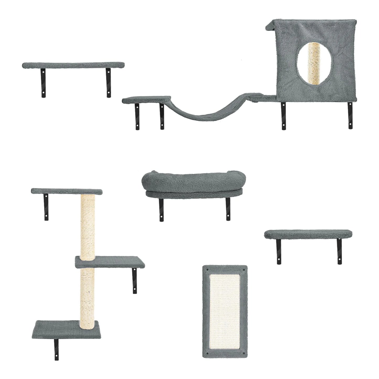 Cat Wall Shelves and Perches Set of 6 with Cat Perch, Indoor Cat Condo for Sleeping Playing Lounging Climbing Cat Tree House, Gray