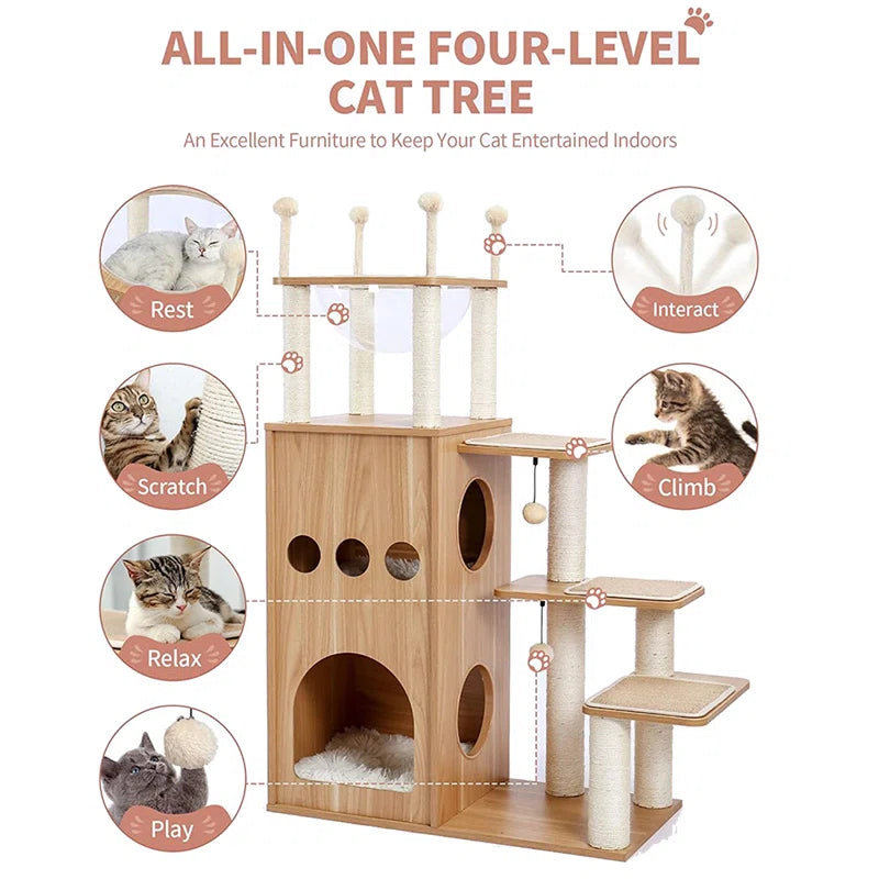 Tavion 51.2" Wooden Modern Large Cat Tree Tower with 2-Floor Condo, Capsule Nest and Dangling Balls for Large Cats