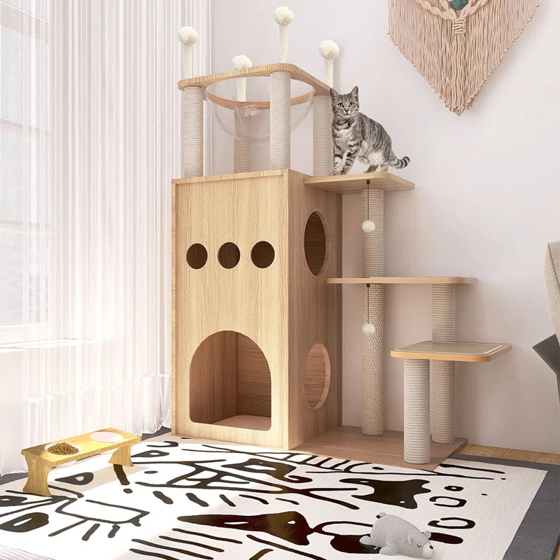 Tavion 51.2" Wooden Modern Large Cat Tree Tower with 2-Floor Condo, Capsule Nest and Dangling Balls for Large Cats